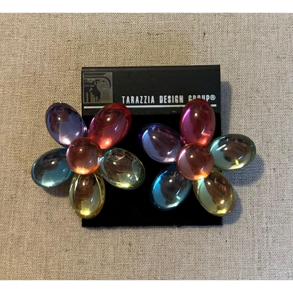 VTG Tarazzia‎ Flower Stud Earrings Large 2" Multi Color Jelly Acrylic 80s NOS